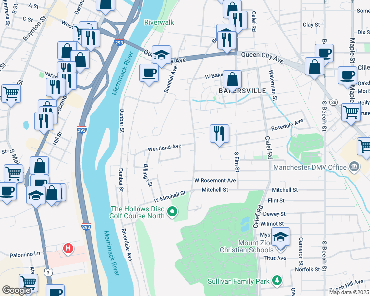 map of restaurants, bars, coffee shops, grocery stores, and more near 34 Westland Avenue in Manchester