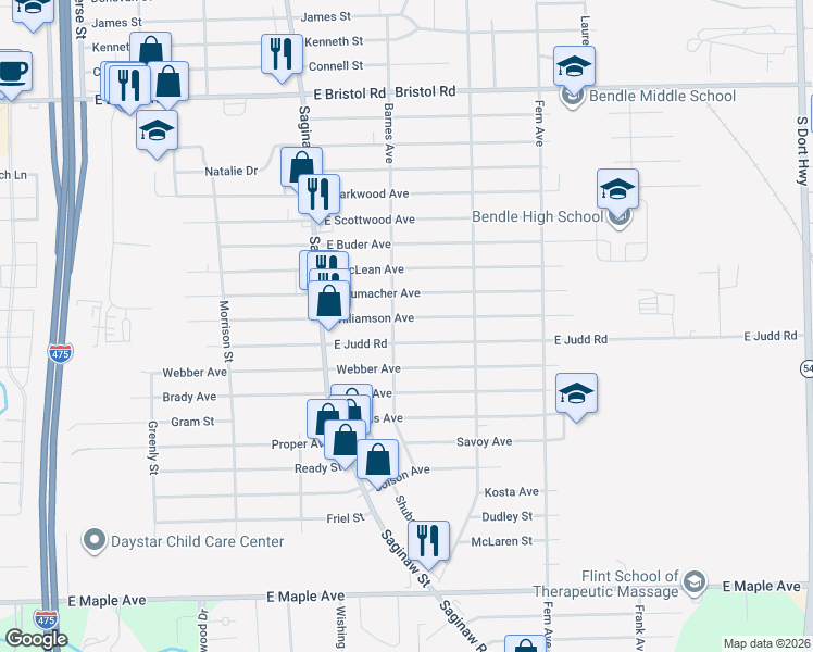 map of restaurants, bars, coffee shops, grocery stores, and more near 2111 East Judd Road in Burton