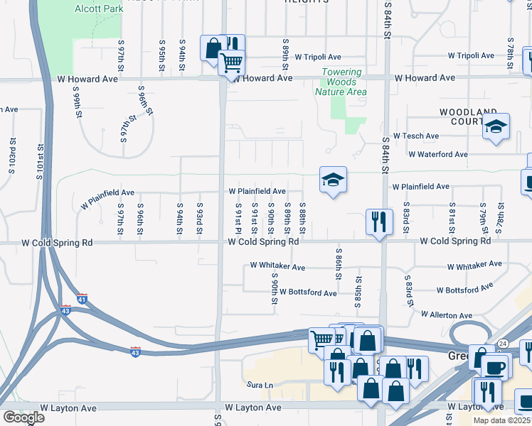 map of restaurants, bars, coffee shops, grocery stores, and more near 4262 South 90th Street in Greenfield