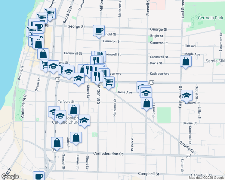 map of restaurants, bars, coffee shops, grocery stores, and more near 164 Ontario Street in Sarnia