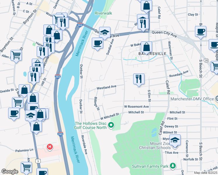 map of restaurants, bars, coffee shops, grocery stores, and more near 100 Westland Avenue in Manchester