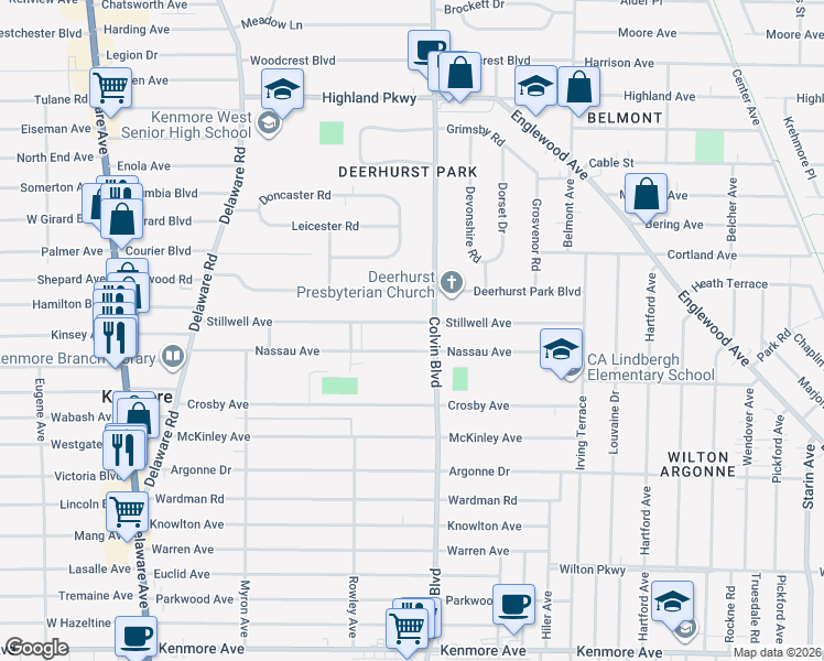 map of restaurants, bars, coffee shops, grocery stores, and more near 216 Nassau Avenue in Buffalo