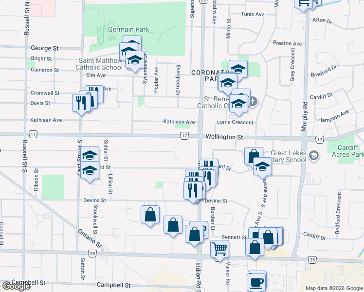 map of restaurants, bars, coffee shops, grocery stores, and more near 889 Carleton Place in Sarnia