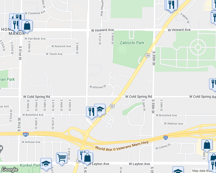 map of restaurants, bars, coffee shops, grocery stores, and more near 4005 West Hillcrest Drive in Greenfield