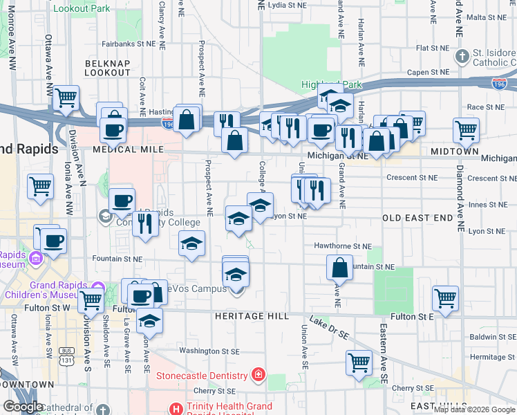 map of restaurants, bars, coffee shops, grocery stores, and more near 209 College Avenue Northeast in Grand Rapids