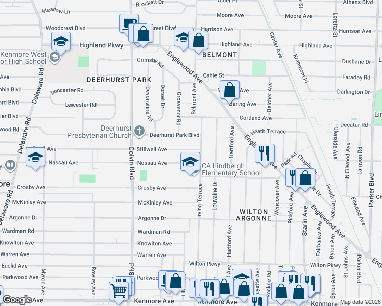 map of restaurants, bars, coffee shops, grocery stores, and more near 380 Nassau Avenue in Buffalo