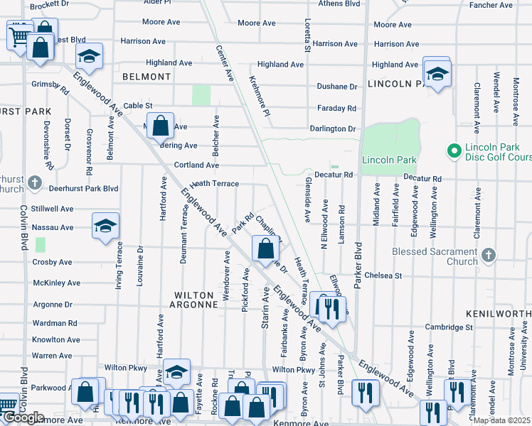 map of restaurants, bars, coffee shops, grocery stores, and more near 62 Chaplin Drive in Buffalo
