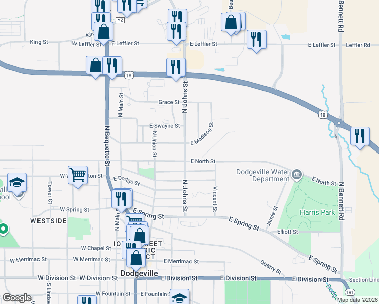 map of restaurants, bars, coffee shops, grocery stores, and more near 907 North Johns Street in Dodgeville