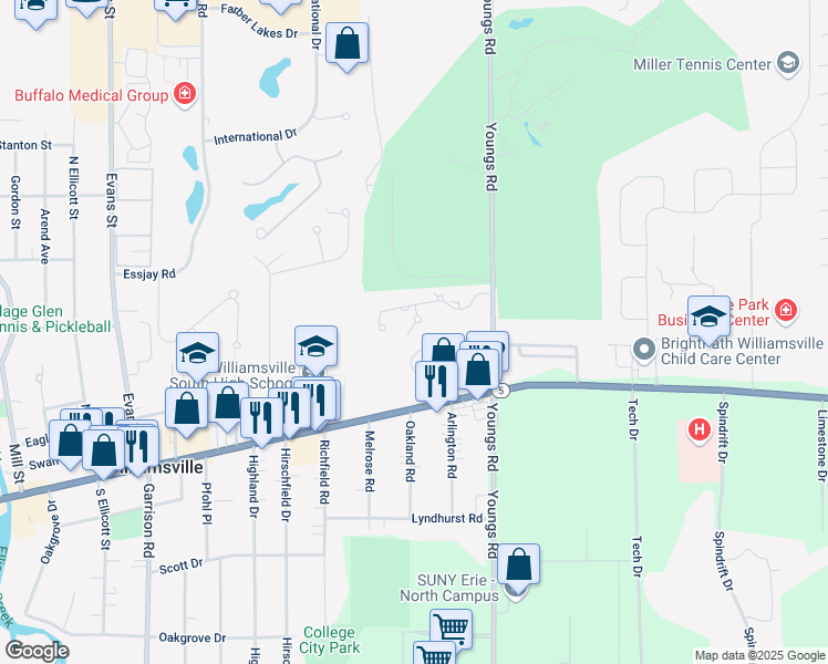 map of restaurants, bars, coffee shops, grocery stores, and more near 18 Glen Eagle Court in Buffalo