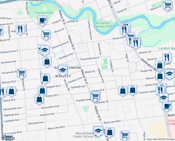 map of restaurants, bars, coffee shops, grocery stores, and more near 410 Baker Street in London