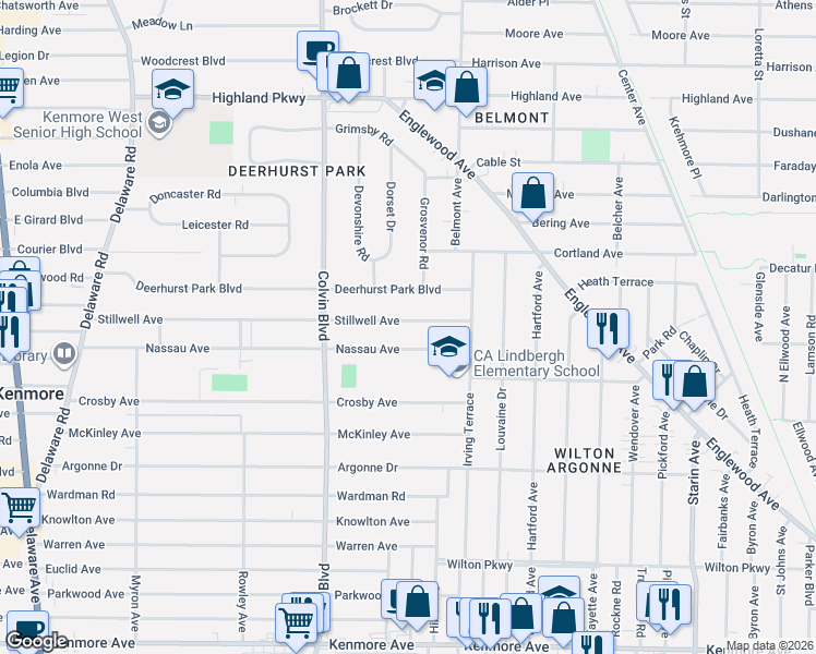 map of restaurants, bars, coffee shops, grocery stores, and more near 342 Nassau Avenue in Buffalo