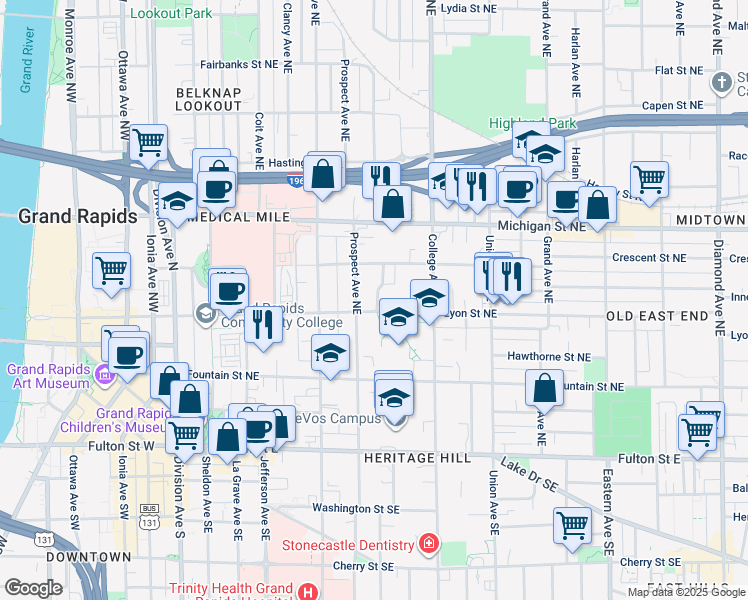 map of restaurants, bars, coffee shops, grocery stores, and more near 425 Lyon Street Northeast in Grand Rapids