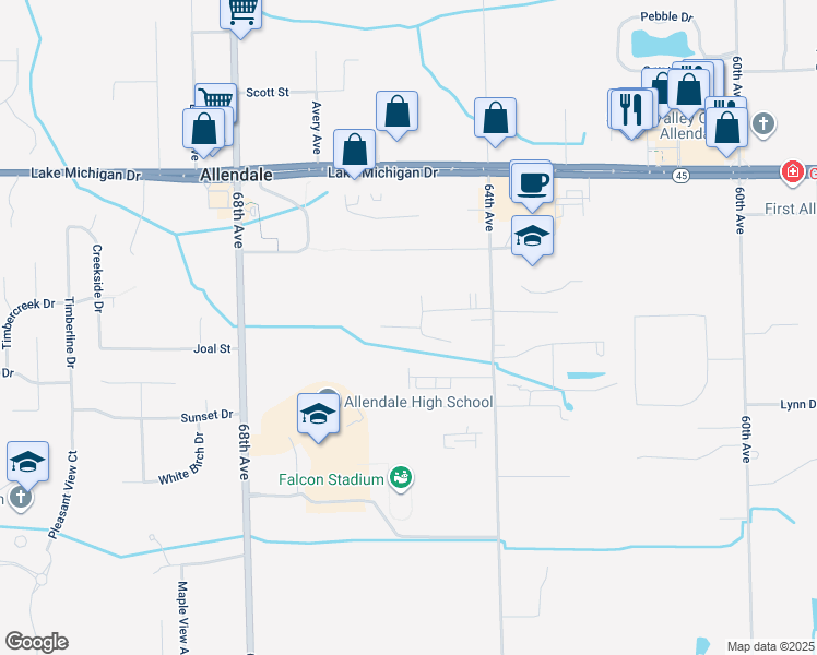 map of restaurants, bars, coffee shops, grocery stores, and more near 6425 Mista Drive in Allendale Charter Township