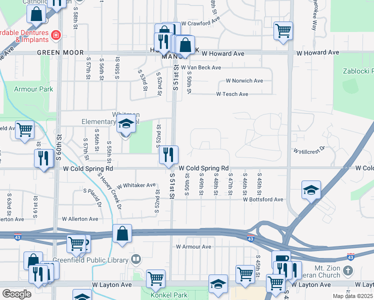 map of restaurants, bars, coffee shops, grocery stores, and more near 4907 West Maple Leaf Circle in Greenfield