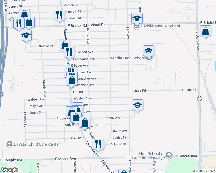 map of restaurants, bars, coffee shops, grocery stores, and more near 2189 East Judd Road in Burton