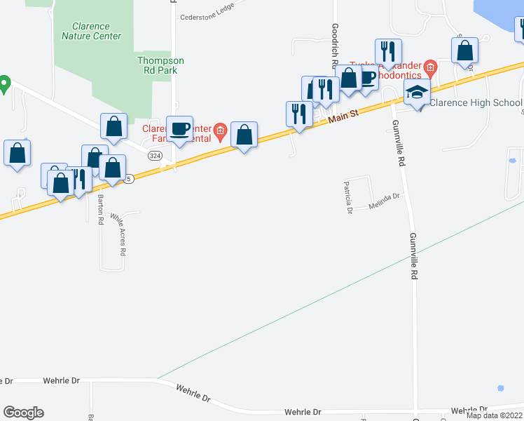 map of restaurants, bars, coffee shops, grocery stores, and more near 9345 Main Street in Clarence