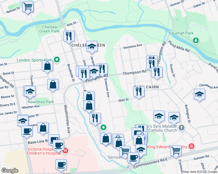 map of restaurants, bars, coffee shops, grocery stores, and more near 130 Emerson Avenue in London