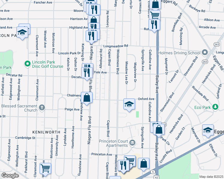 map of restaurants, bars, coffee shops, grocery stores, and more near 409 Capen Boulevard in Buffalo