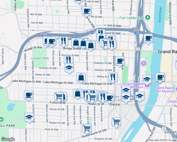 map of restaurants, bars, coffee shops, grocery stores, and more near 204 Straight Avenue Northwest in Grand Rapids