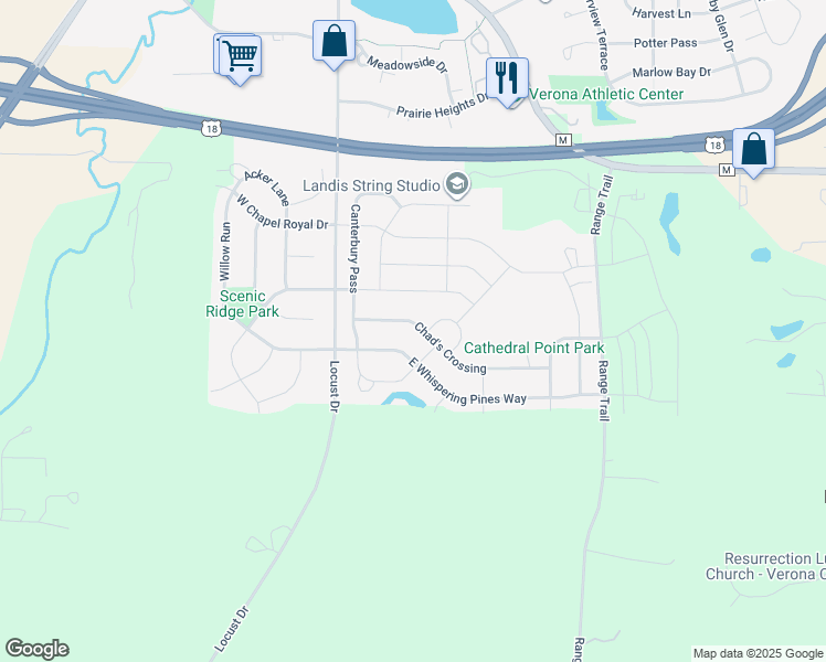 map of restaurants, bars, coffee shops, grocery stores, and more near 1389 Winchester Pass in Verona