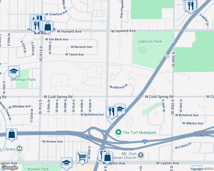 map of restaurants, bars, coffee shops, grocery stores, and more near S 43rd St & W Hillcrest Dr in Greenfield