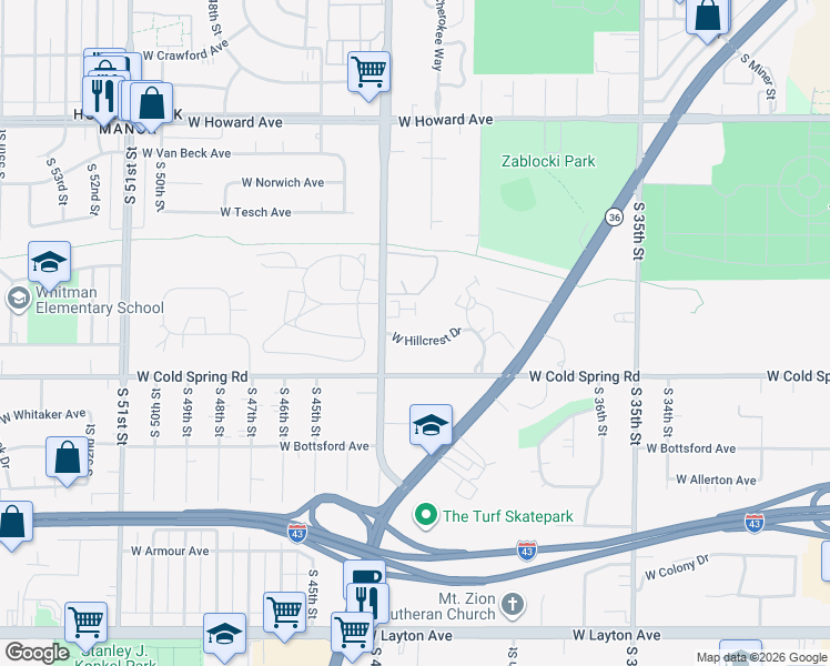 map of restaurants, bars, coffee shops, grocery stores, and more near 4200 West Hillcrest Drive in Greenfield