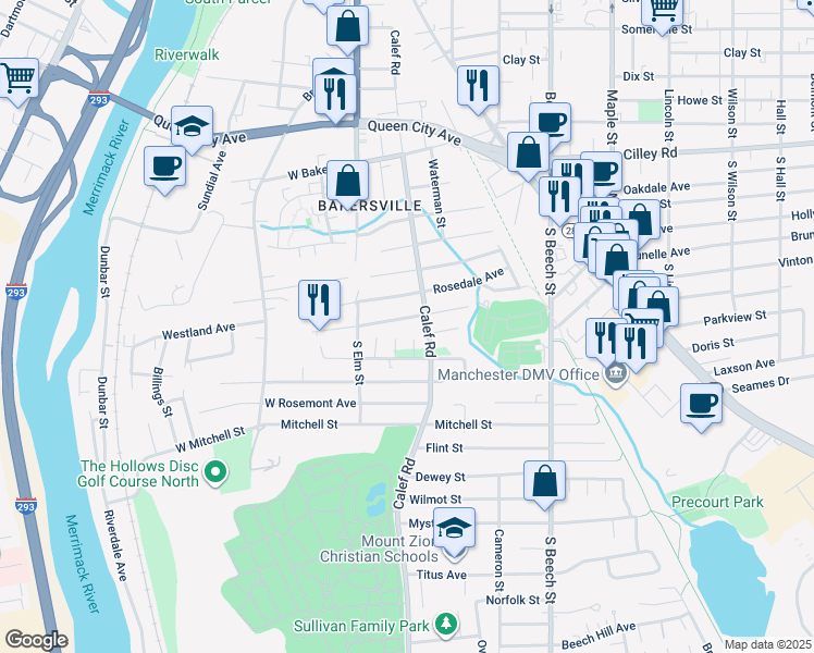map of restaurants, bars, coffee shops, grocery stores, and more near 10 Hemond Street in Manchester