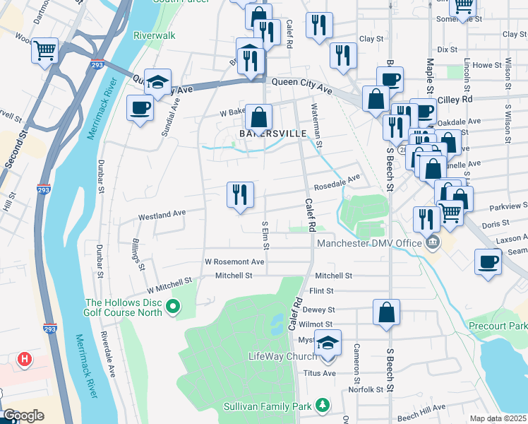 map of restaurants, bars, coffee shops, grocery stores, and more near 286 South Elm Street in Manchester