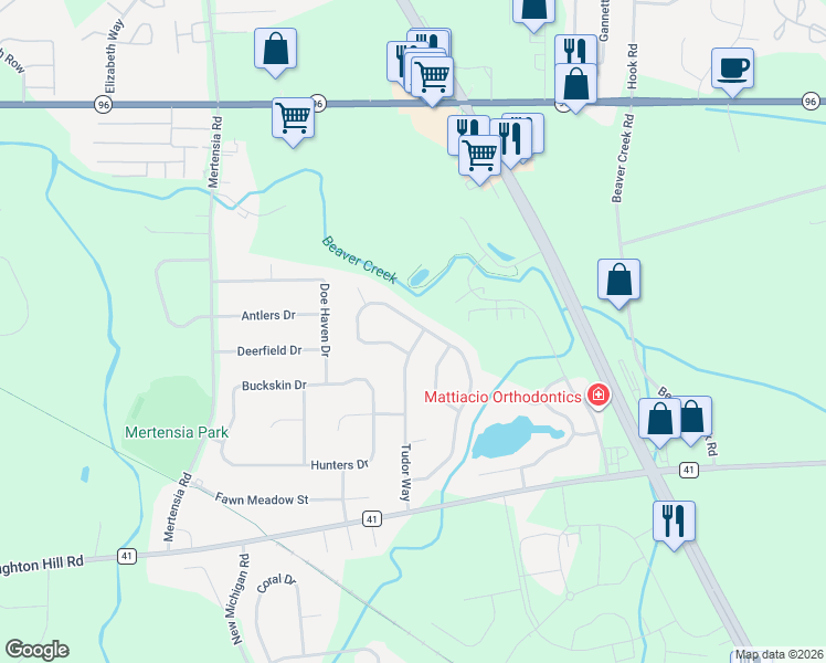 map of restaurants, bars, coffee shops, grocery stores, and more near 6100 Hanover Road in Farmington
