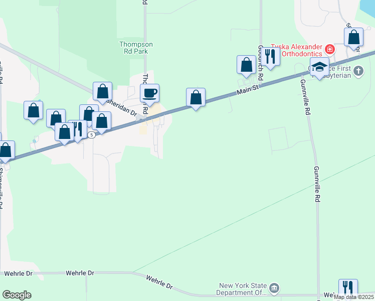 map of restaurants, bars, coffee shops, grocery stores, and more near 9315 Main Street in Clarence