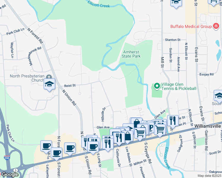 map of restaurants, bars, coffee shops, grocery stores, and more near 201 Reist Street in Buffalo