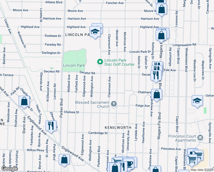 map of restaurants, bars, coffee shops, grocery stores, and more near 331 Claremont Avenue in Buffalo