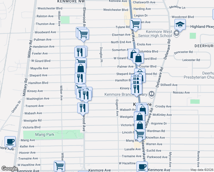 map of restaurants, bars, coffee shops, grocery stores, and more near 142 Kinsey Avenue in Buffalo