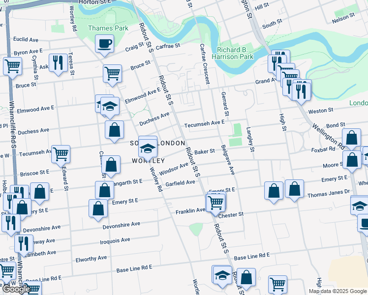 map of restaurants, bars, coffee shops, grocery stores, and more near 285 Briscoe Street East in London