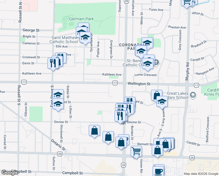 map of restaurants, bars, coffee shops, grocery stores, and more near 6 Carleton Place in Sarnia