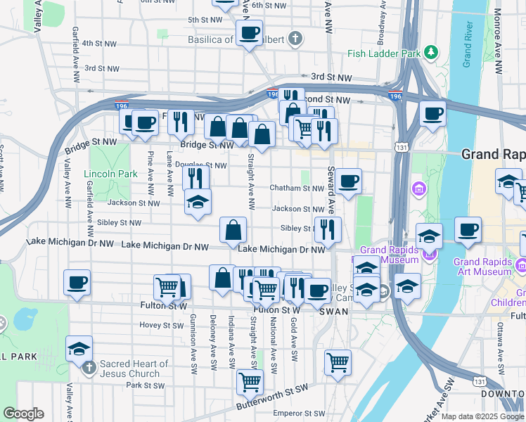 map of restaurants, bars, coffee shops, grocery stores, and more near 204 Straight Avenue Northwest in Grand Rapids
