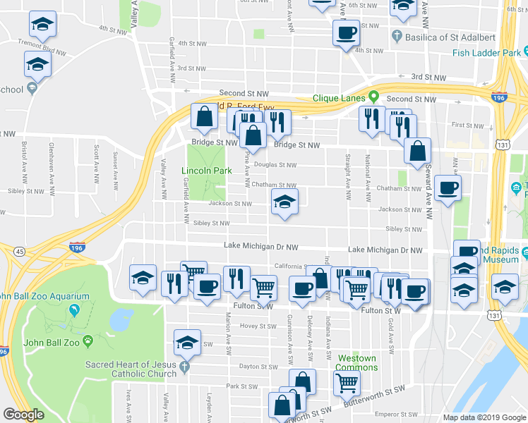map of restaurants, bars, coffee shops, grocery stores, and more near 950 Sibley Street Northwest in Grand Rapids