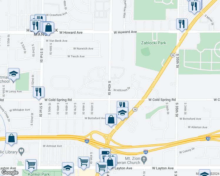 map of restaurants, bars, coffee shops, grocery stores, and more near 4005 W Hillcrest Dr in Milwaukee