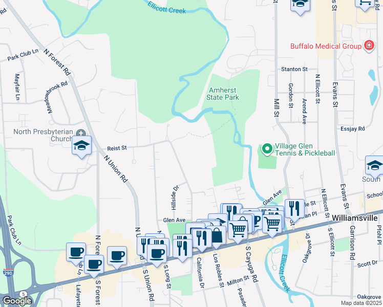 map of restaurants, bars, coffee shops, grocery stores, and more near 201 Reist Street in Williamsville