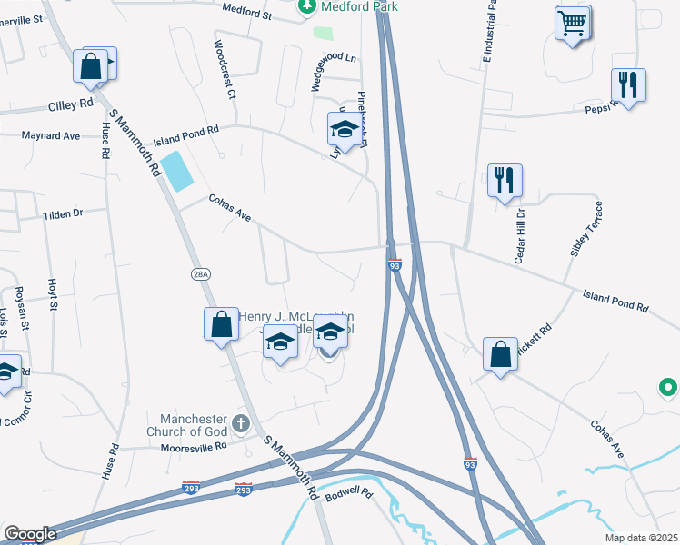 map of restaurants, bars, coffee shops, grocery stores, and more near 247 Old Cohas Avenue in Manchester