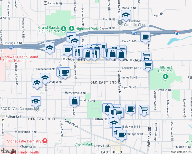 map of restaurants, bars, coffee shops, grocery stores, and more near 822 Innes Street Northeast in Grand Rapids