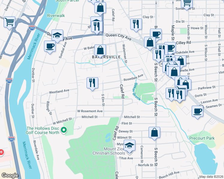 map of restaurants, bars, coffee shops, grocery stores, and more near 49 Elmhurst Avenue in Manchester