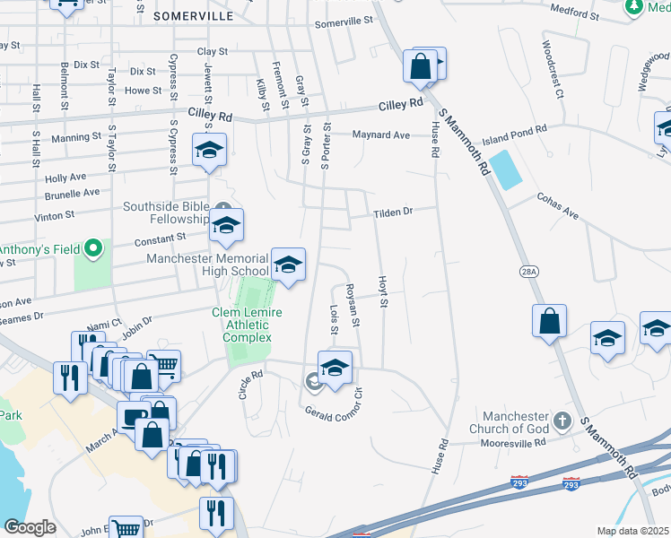 map of restaurants, bars, coffee shops, grocery stores, and more near 63 Roysan Street in Manchester