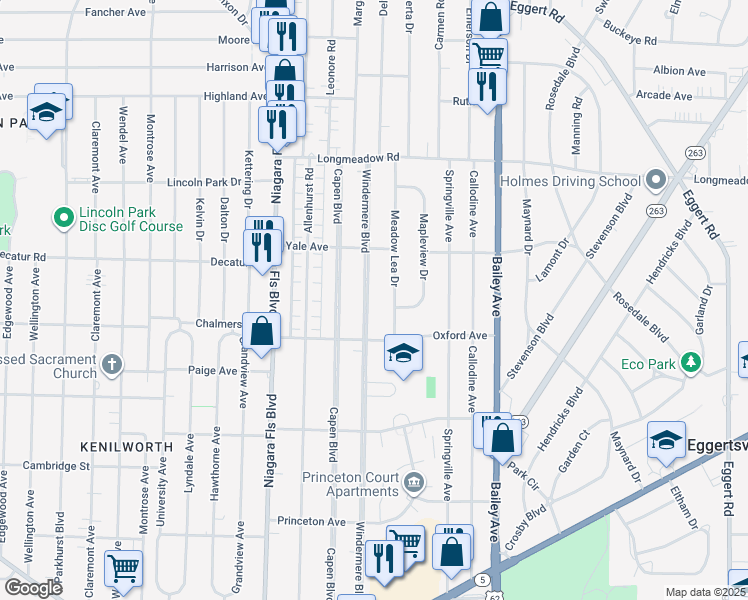 map of restaurants, bars, coffee shops, grocery stores, and more near 391 Windermere Boulevard in Buffalo