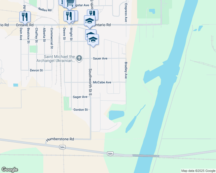 map of restaurants, bars, coffee shops, grocery stores, and more near 33 Bethune Avenue in Welland