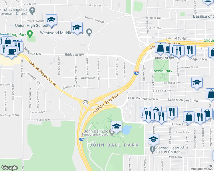 map of restaurants, bars, coffee shops, grocery stores, and more near 211 Ball Park Boulevard Northwest in Grand Rapids