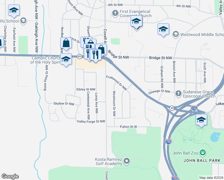 map of restaurants, bars, coffee shops, grocery stores, and more near 153 Westmont Drive Northwest in Grand Rapids