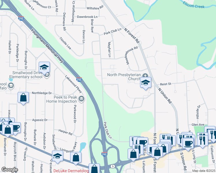 map of restaurants, bars, coffee shops, grocery stores, and more near 285 Scamridge Curve in Buffalo