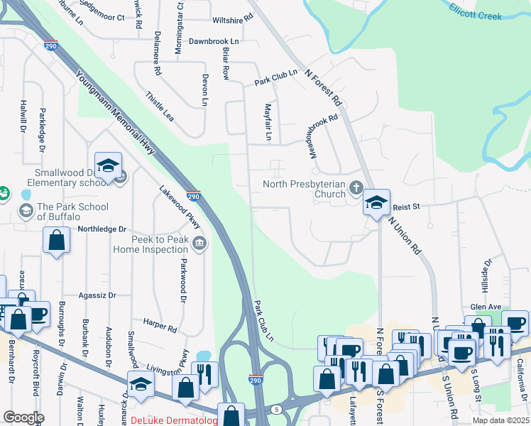 map of restaurants, bars, coffee shops, grocery stores, and more near 285 Scamridge Curve in Buffalo