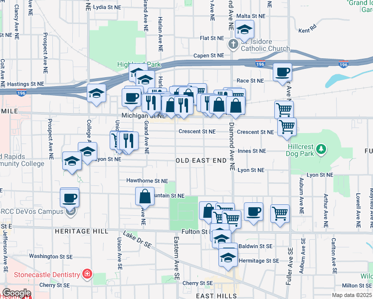 map of restaurants, bars, coffee shops, grocery stores, and more near 822 Innes Street Northeast in Grand Rapids